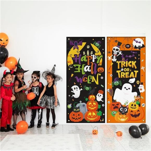 2 Pcs Halloween Door Covers Polyester Trick or Treat Banner